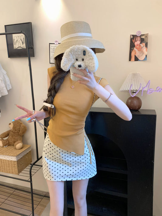 backless ruched tee, slim knit summer shirt, irregular cutout top