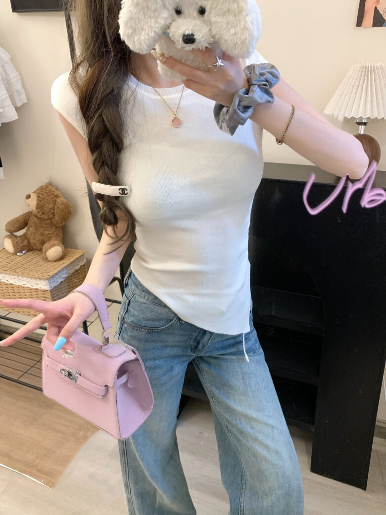 backless ruched tee, slim knit summer shirt, irregular cutout top