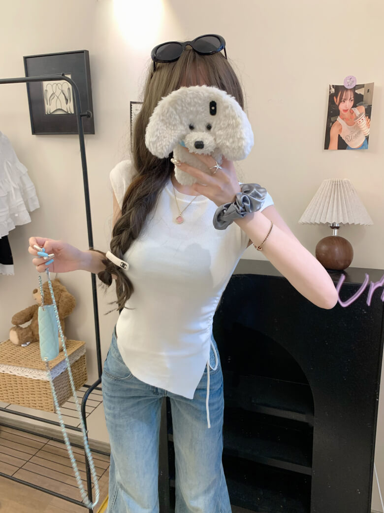 backless ruched tee, slim knit summer shirt, irregular cutout top