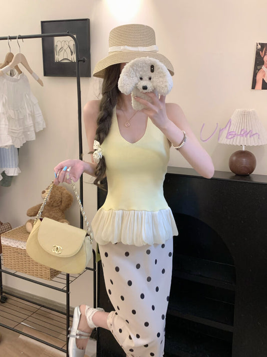 Slim Fit Halter Knit Tank, Puff Detail Top, OOTDAY Summer Sleeveless