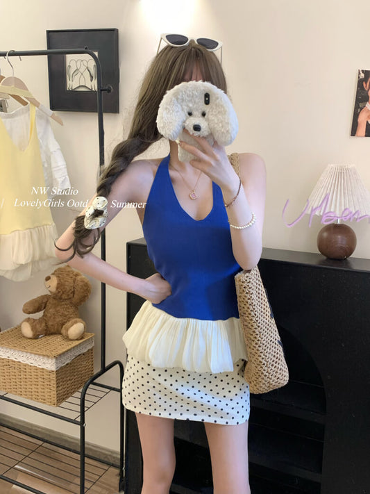 Slim Fit Halter Knit Tank, Puff Detail Top, OOTDAY Summer Sleeveless