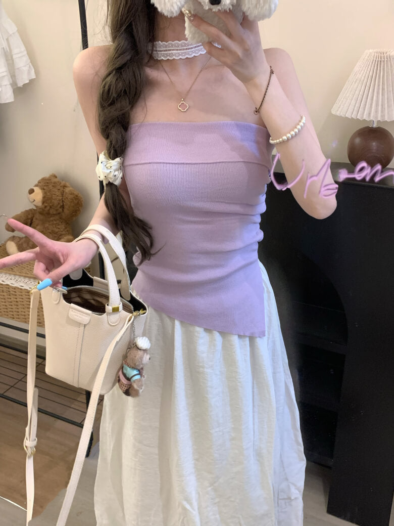 Summer Knit Bandeau Top, Off-Shoulder Tube Sleeveless, Slim Fit Crop