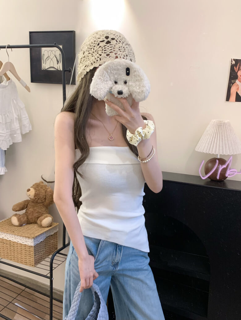 Summer Knit Bandeau Top, Off-Shoulder Tube Sleeveless, Slim Fit Crop