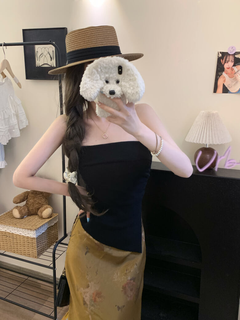 Summer Knit Bandeau Top, Off-Shoulder Tube Sleeveless, Slim Fit Crop