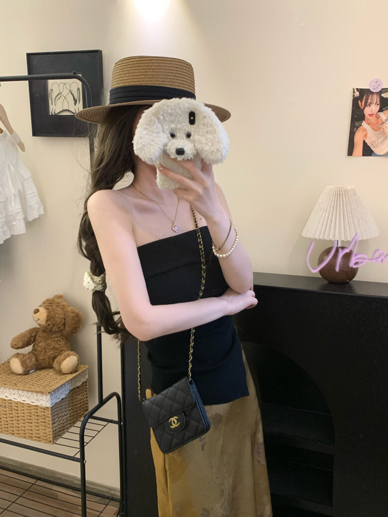 Summer Knit Bandeau Top, Off-Shoulder Tube Sleeveless, Slim Fit Crop