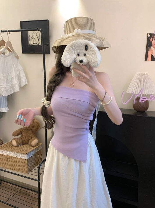 Summer Knit Bandeau Top, Off-Shoulder Tube Sleeveless, Slim Fit Crop