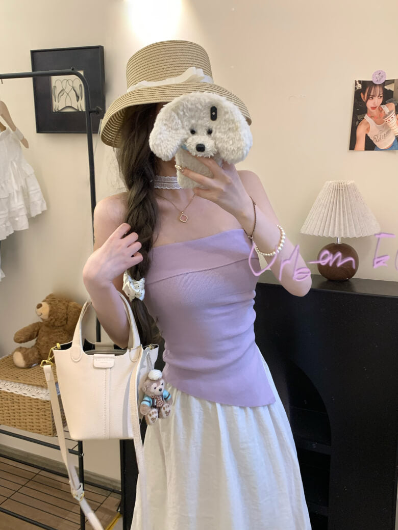 Summer Knit Bandeau Top, Off-Shoulder Tube Sleeveless, Slim Fit Crop