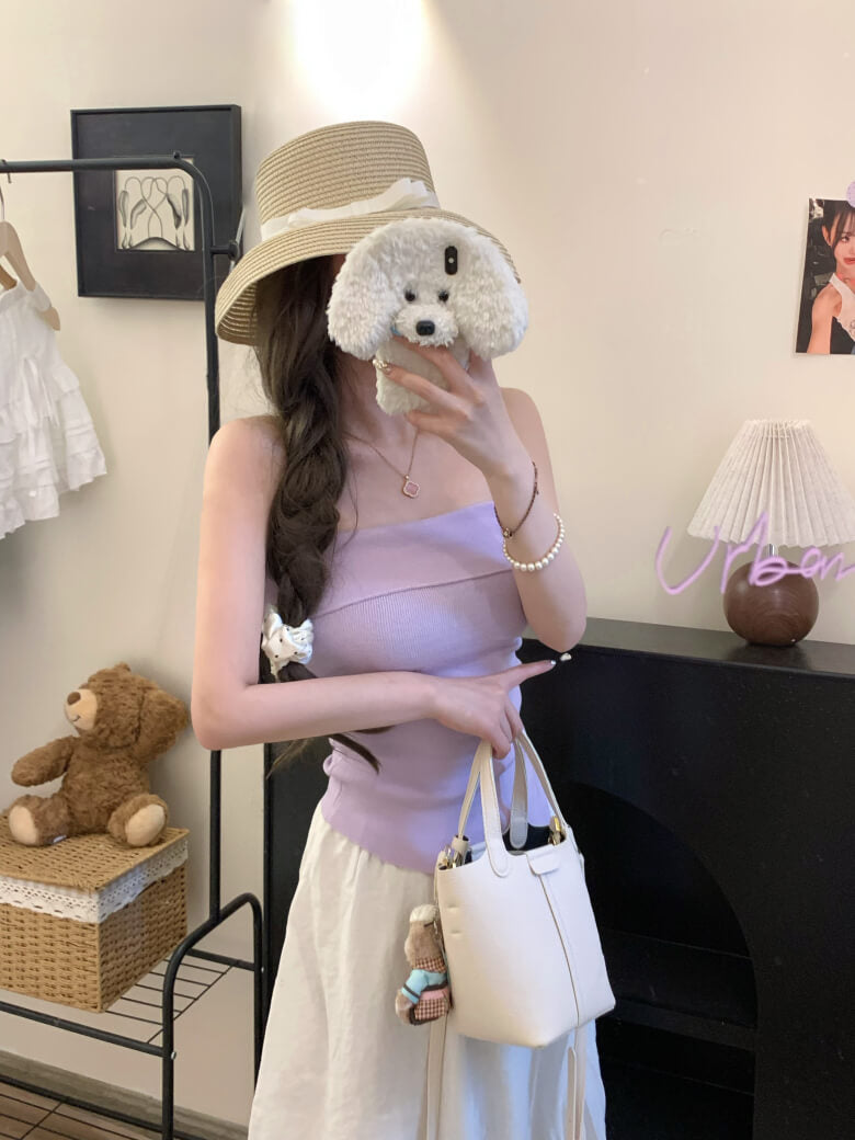 Summer Knit Bandeau Top, Off-Shoulder Tube Sleeveless, Slim Fit Crop