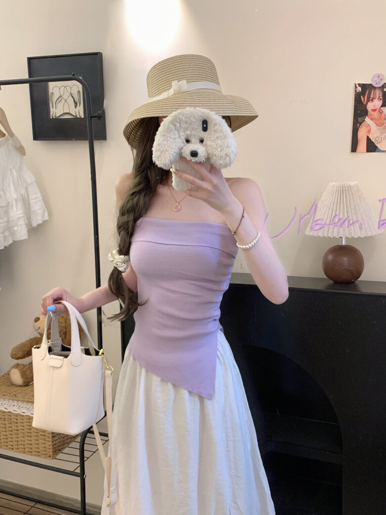 Summer Knit Bandeau Top, Off-Shoulder Tube Sleeveless, Slim Fit Crop