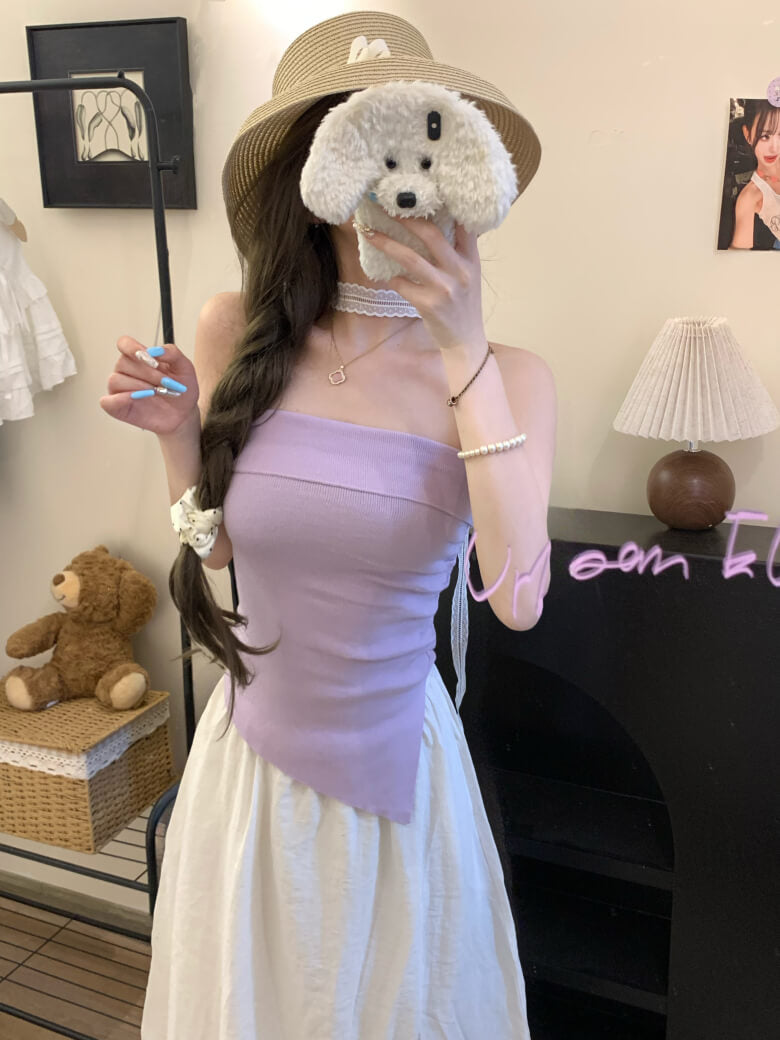 Summer Knit Bandeau Top, Off-Shoulder Tube Sleeveless, Slim Fit Crop