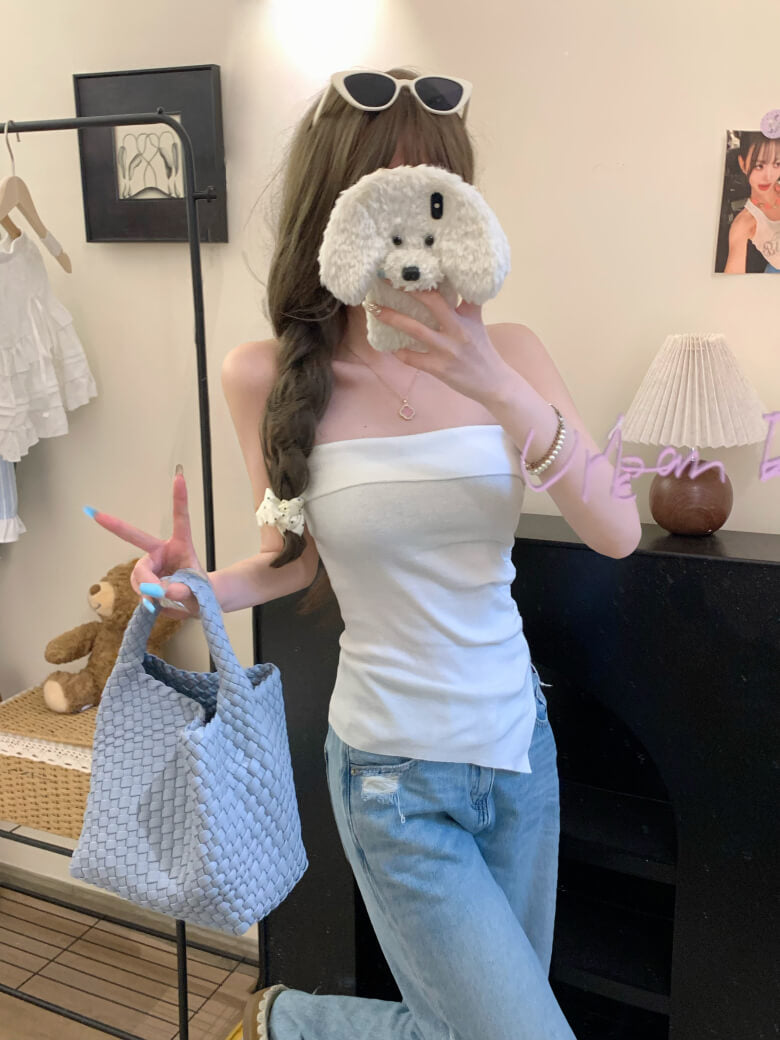 Summer Knit Bandeau Top, Off-Shoulder Tube Sleeveless, Slim Fit Crop