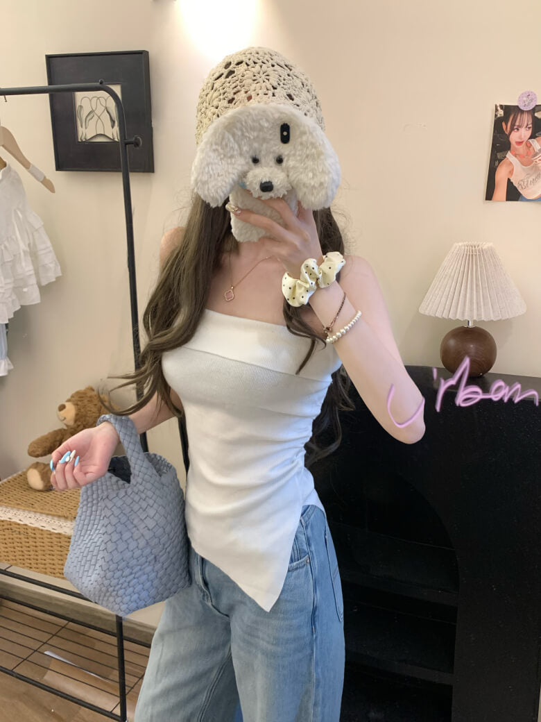 Summer Knit Bandeau Top, Off-Shoulder Tube Sleeveless, Slim Fit Crop