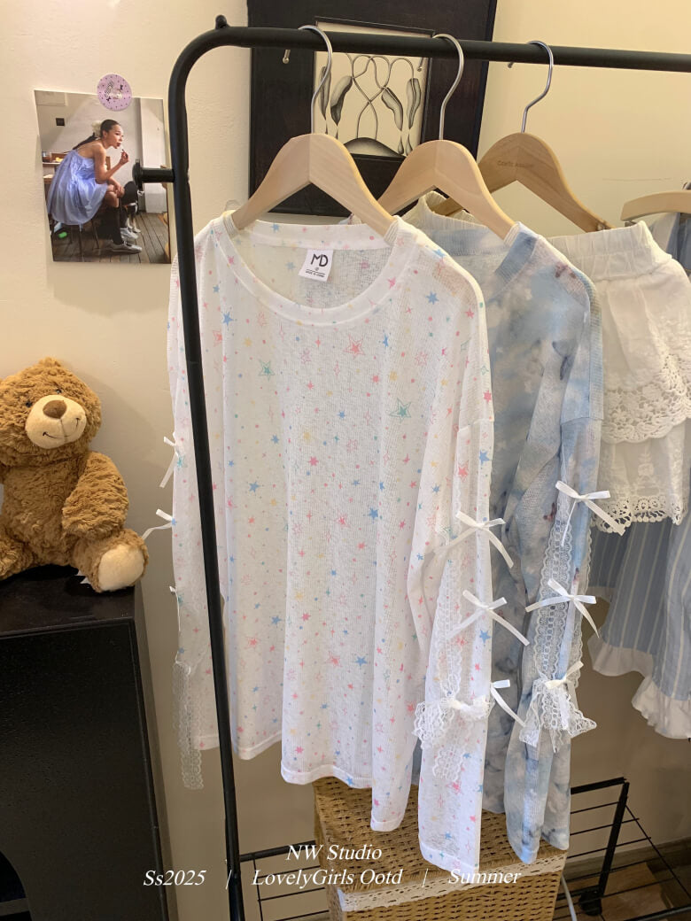 Butterfly Print Mesh Tee, Loose Lace Summer Shirt, Dopamine Knit Aesthetic