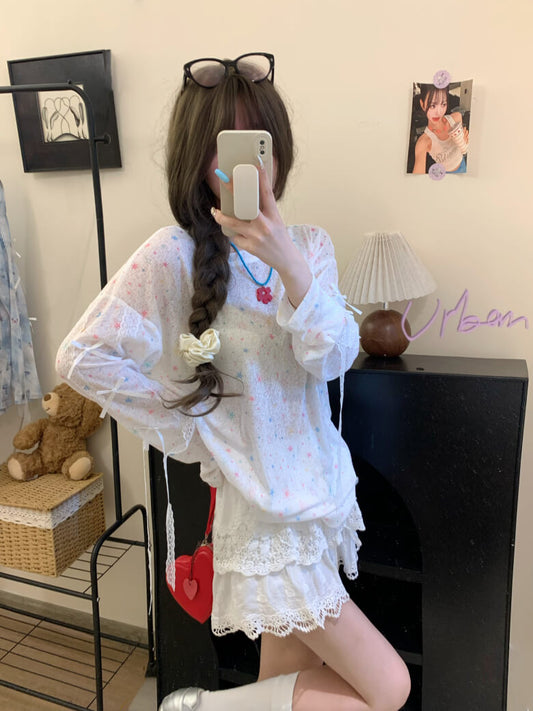 Butterfly Print Mesh Tee, Loose Lace Summer Shirt, Dopamine Knit Aesthetic