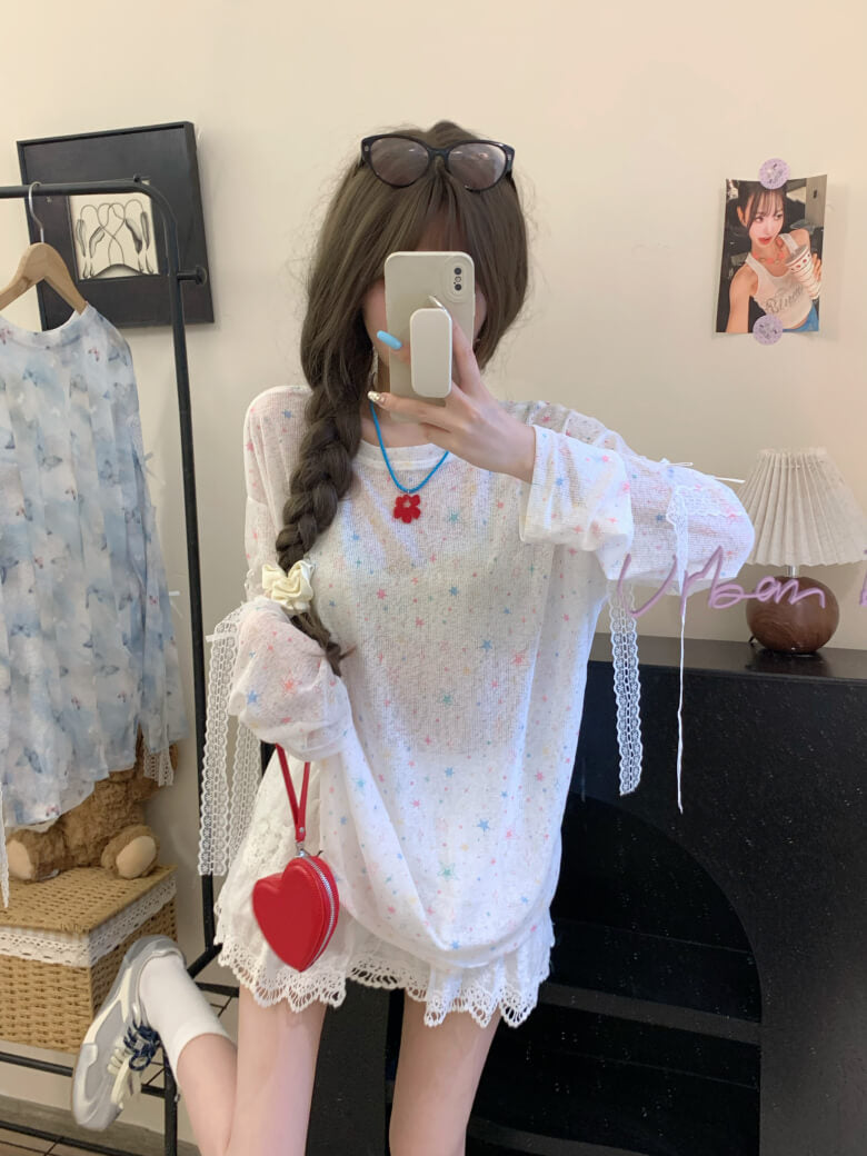 Butterfly Print Mesh Tee, Loose Lace Summer Shirt, Dopamine Knit Aesthetic