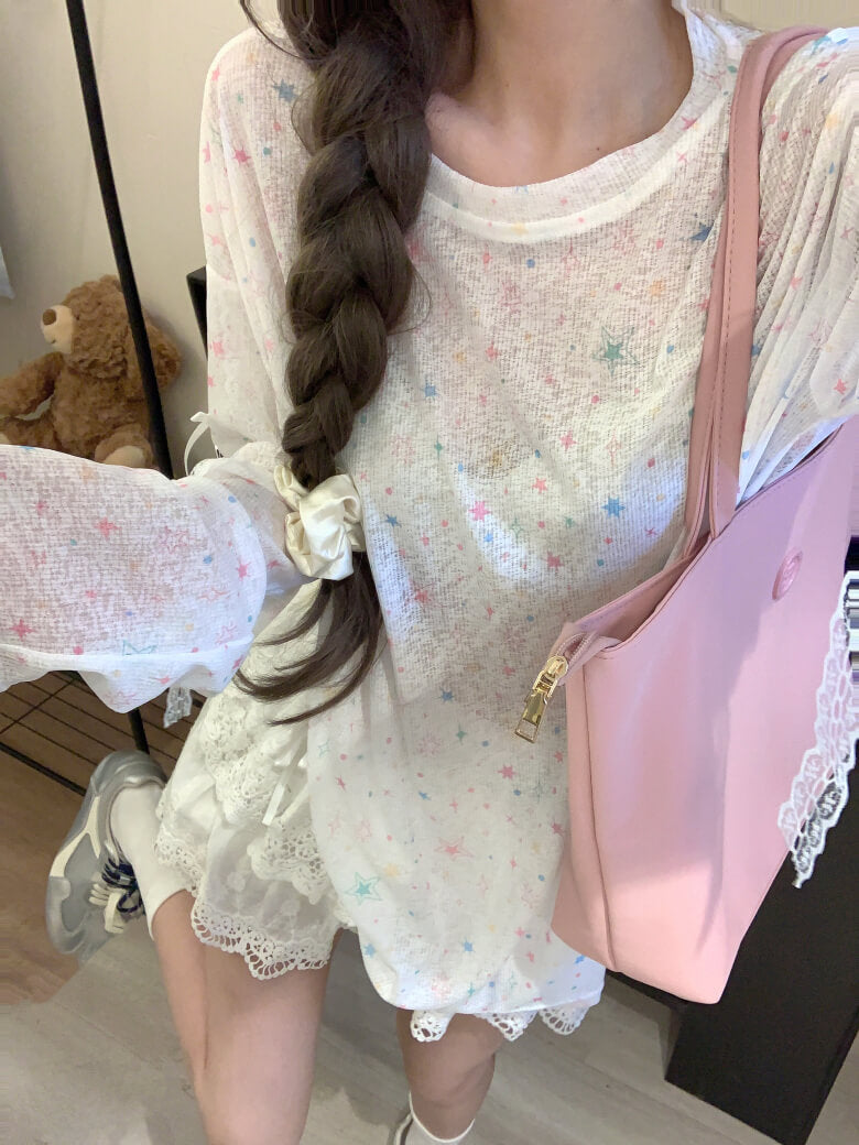 Butterfly Print Mesh Tee, Loose Lace Summer Shirt, Dopamine Knit Aesthetic