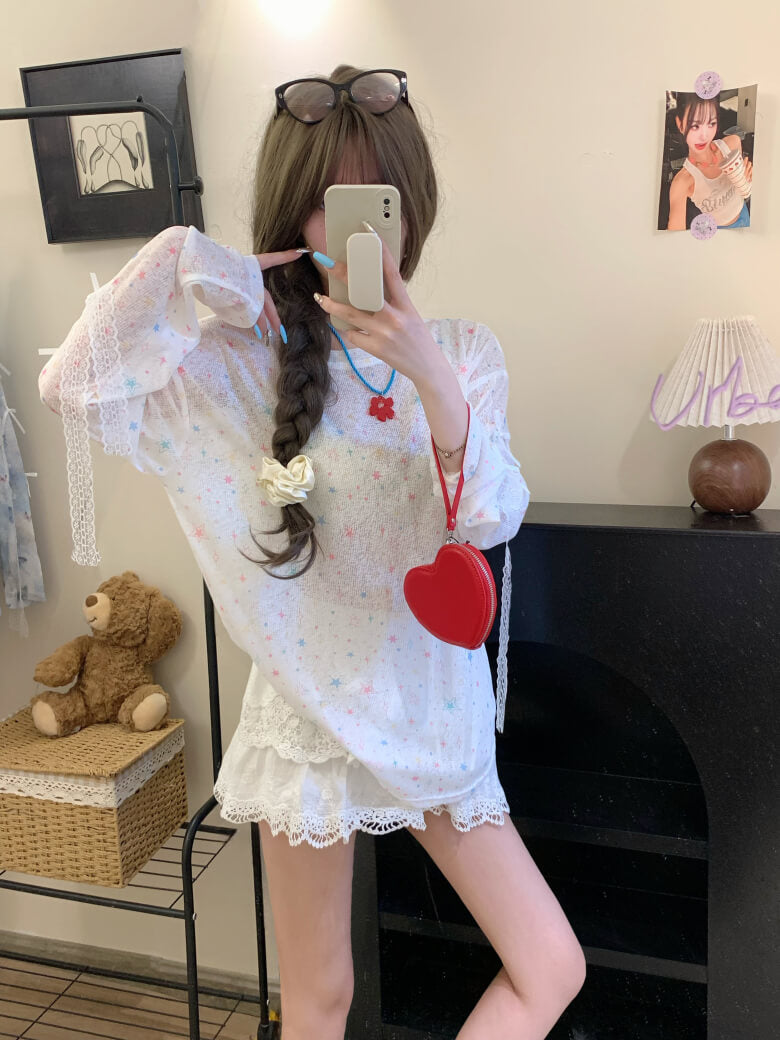 Butterfly Print Mesh Tee, Loose Lace Summer Shirt, Dopamine Knit Aesthetic