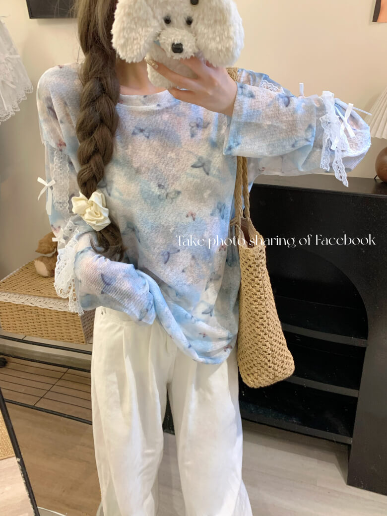 Butterfly Print Mesh Tee, Loose Lace Summer Shirt, Dopamine Knit Aesthetic
