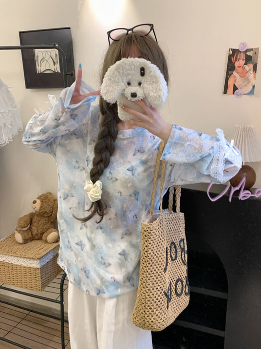 Butterfly Print Mesh Tee, Loose Lace Summer Shirt, Dopamine Knit Aesthetic