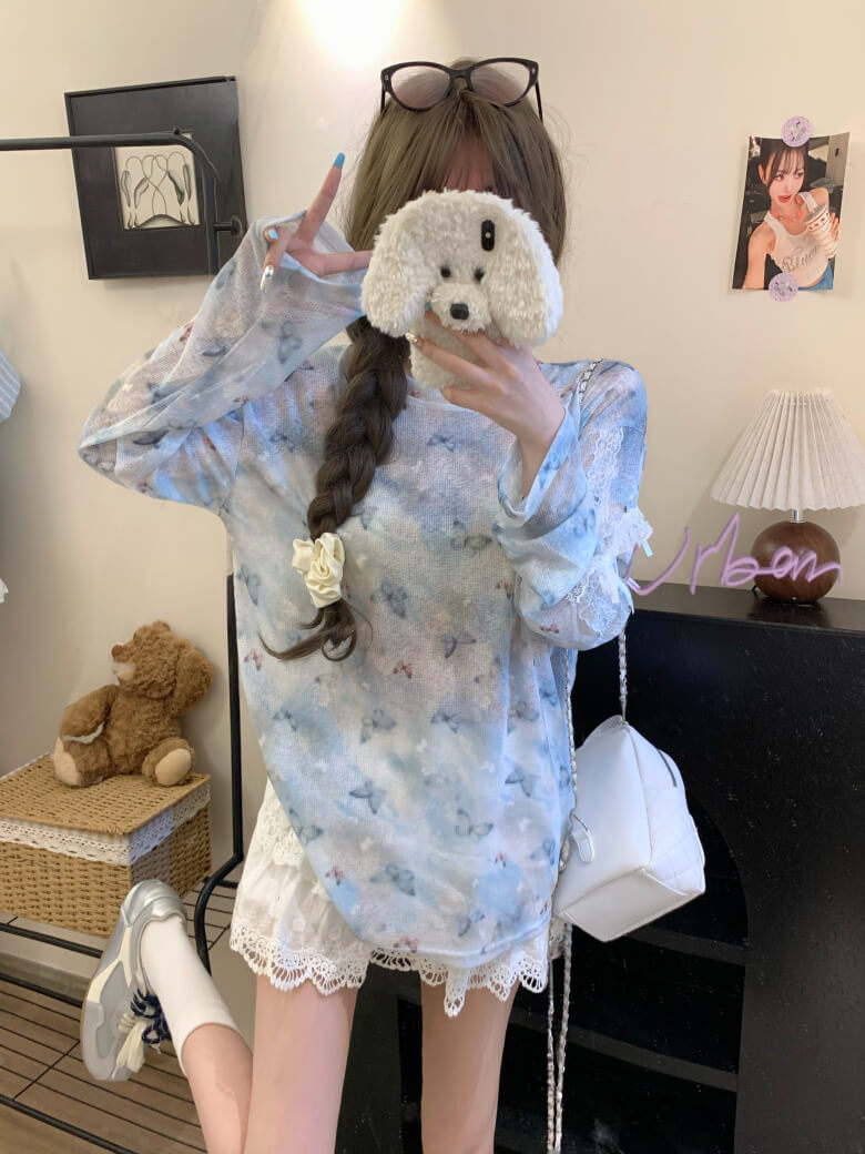 Butterfly Print Mesh Tee, Loose Lace Summer Shirt, Dopamine Knit Aesthetic