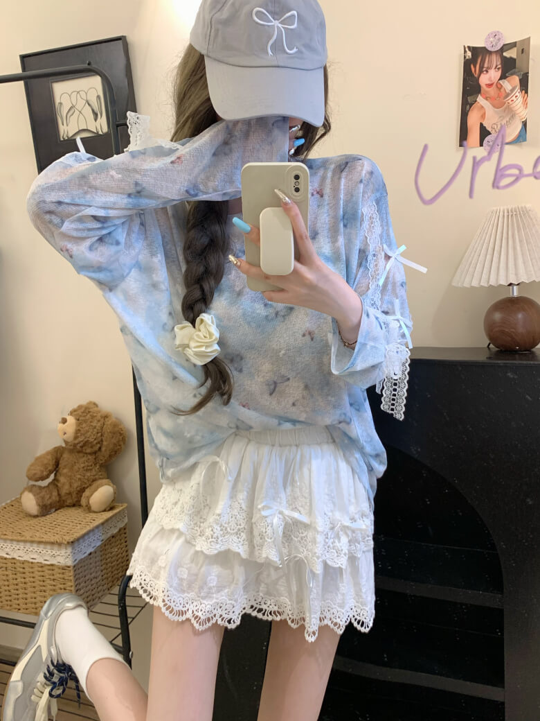Butterfly Print Mesh Tee, Loose Lace Summer Shirt, Dopamine Knit Aesthetic