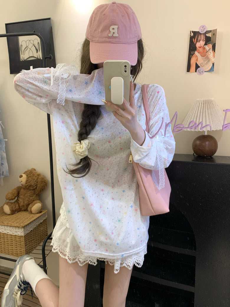 Butterfly Print Mesh Tee, Loose Lace Summer Shirt, Dopamine Knit Aesthetic