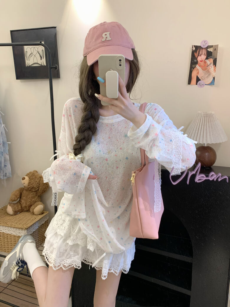 Butterfly Print Mesh Tee, Loose Lace Summer Shirt, Dopamine Knit Aesthetic