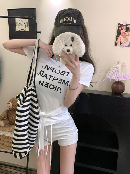 Off-Shoulder Tee, Letter Print Shirt, Tie Waist Summer T-Shirt