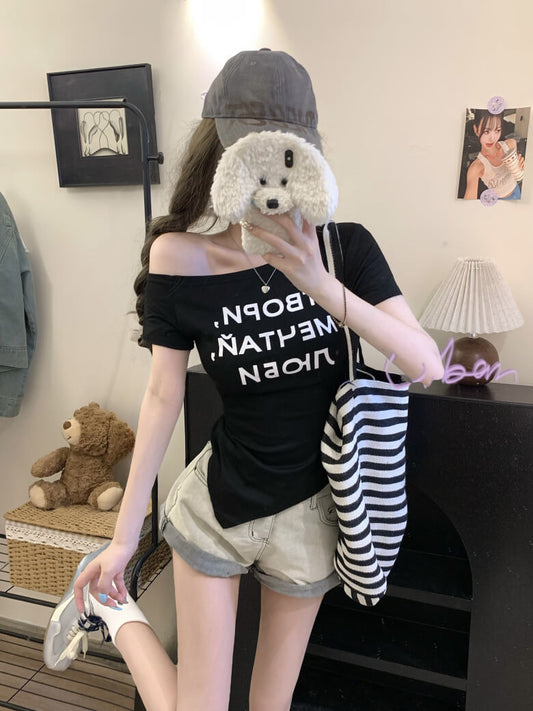 Off-Shoulder Tee, Letter Print Shirt, Tie Waist Summer T-Shirt