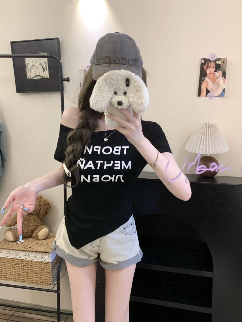 Off-Shoulder Tee, Letter Print Shirt, Tie Waist Summer T-Shirt