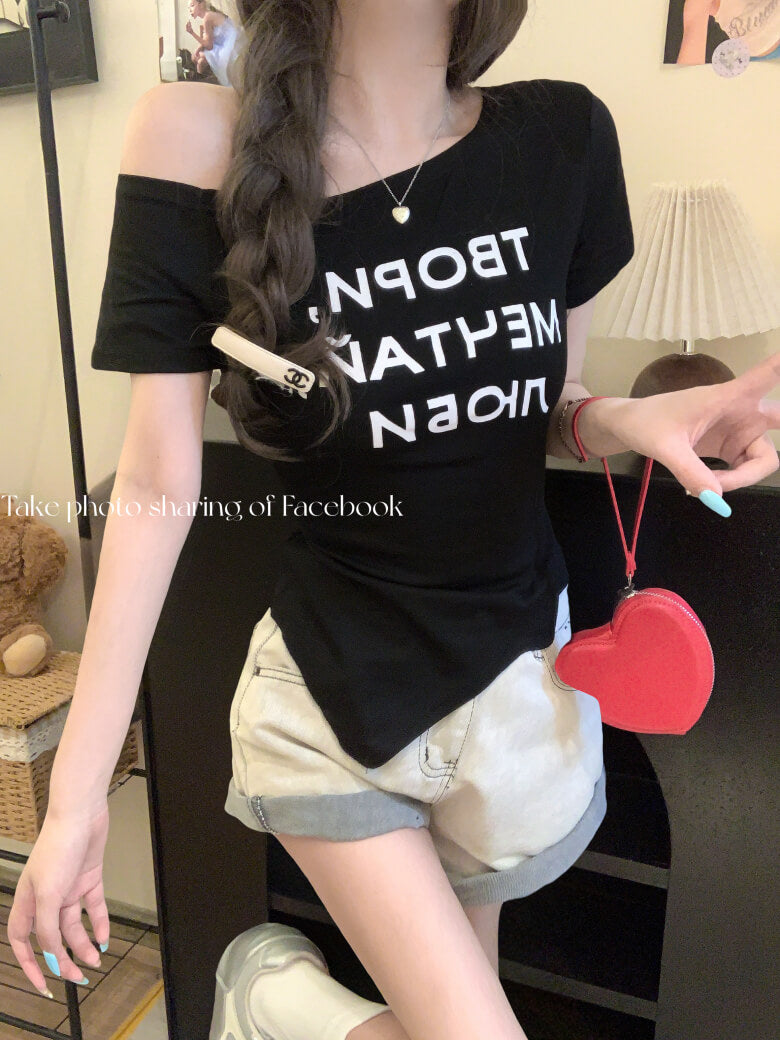 Off-Shoulder Tee, Letter Print Shirt, Tie Waist Summer T-Shirt