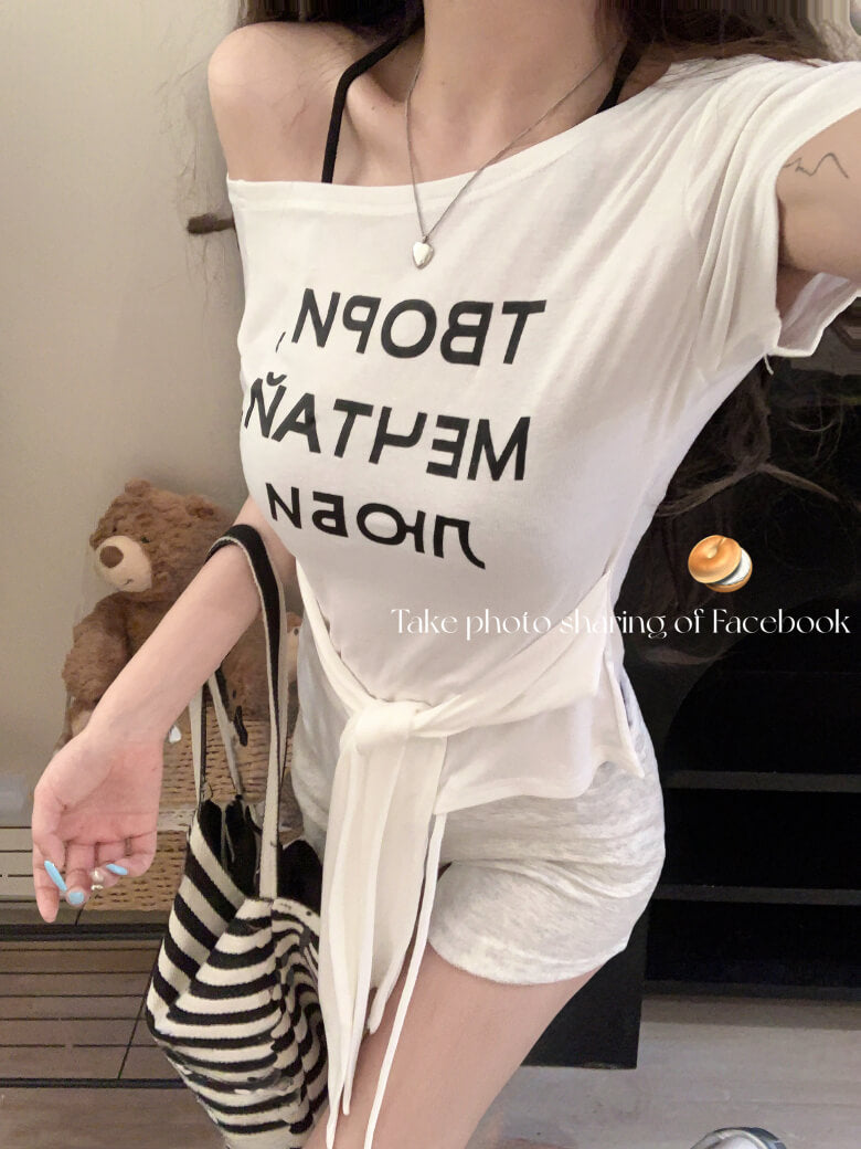 Off-Shoulder Tee, Letter Print Shirt, Tie Waist Summer T-Shirt