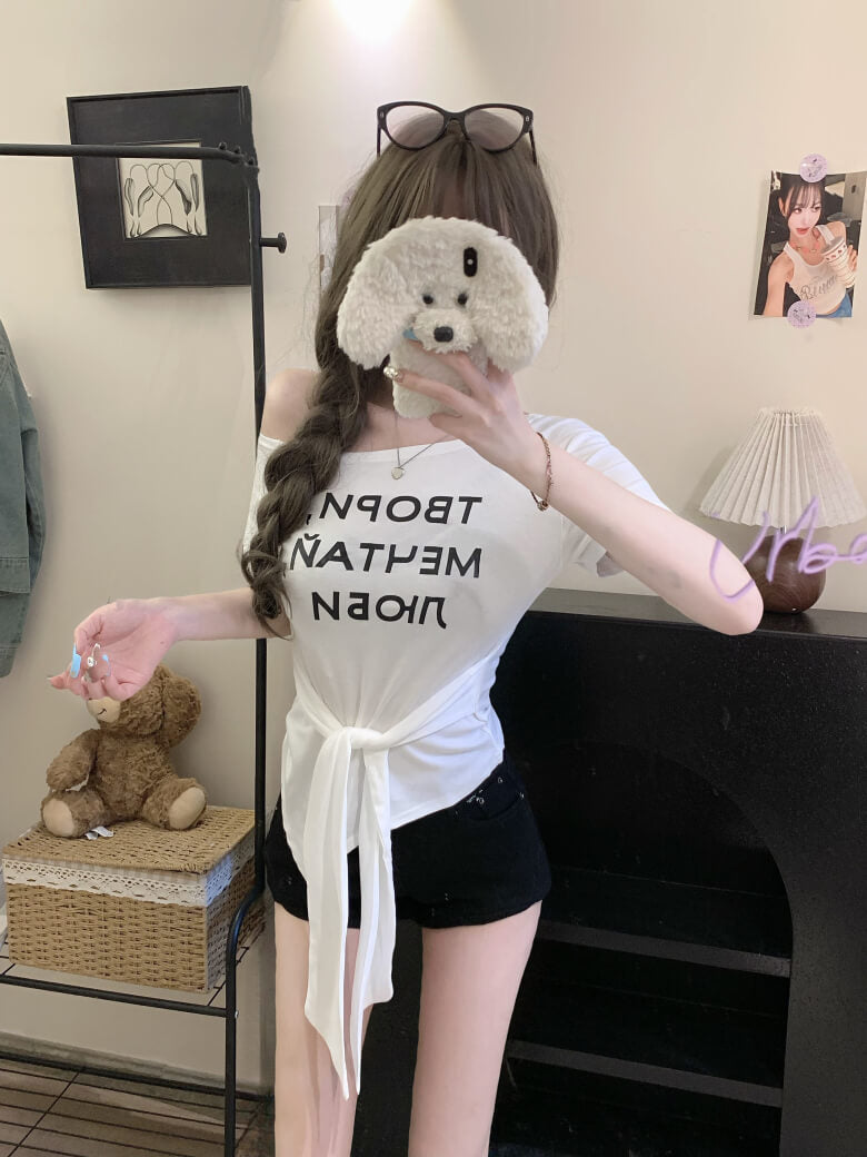 Off-Shoulder Tee, Letter Print Shirt, Tie Waist Summer T-Shirt