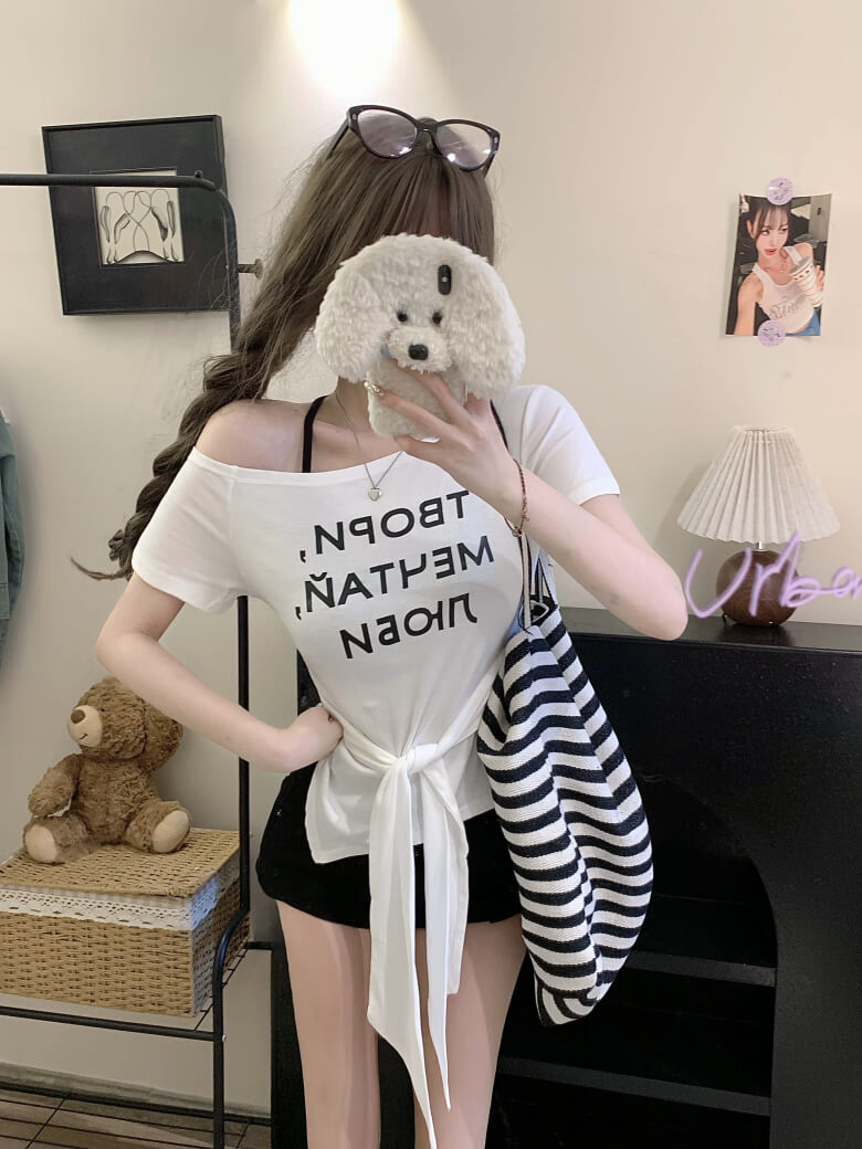 Off-Shoulder Tee, Letter Print Shirt, Tie Waist Summer T-Shirt