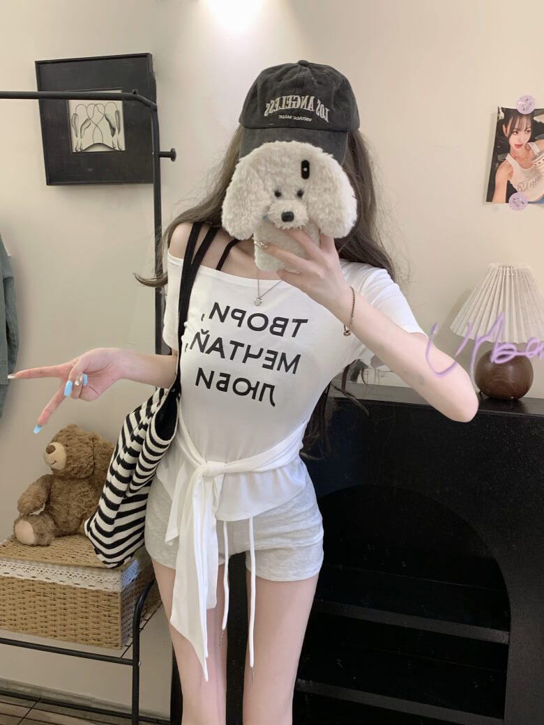 Off-Shoulder Tee, Letter Print Shirt, Tie Waist Summer T-Shirt