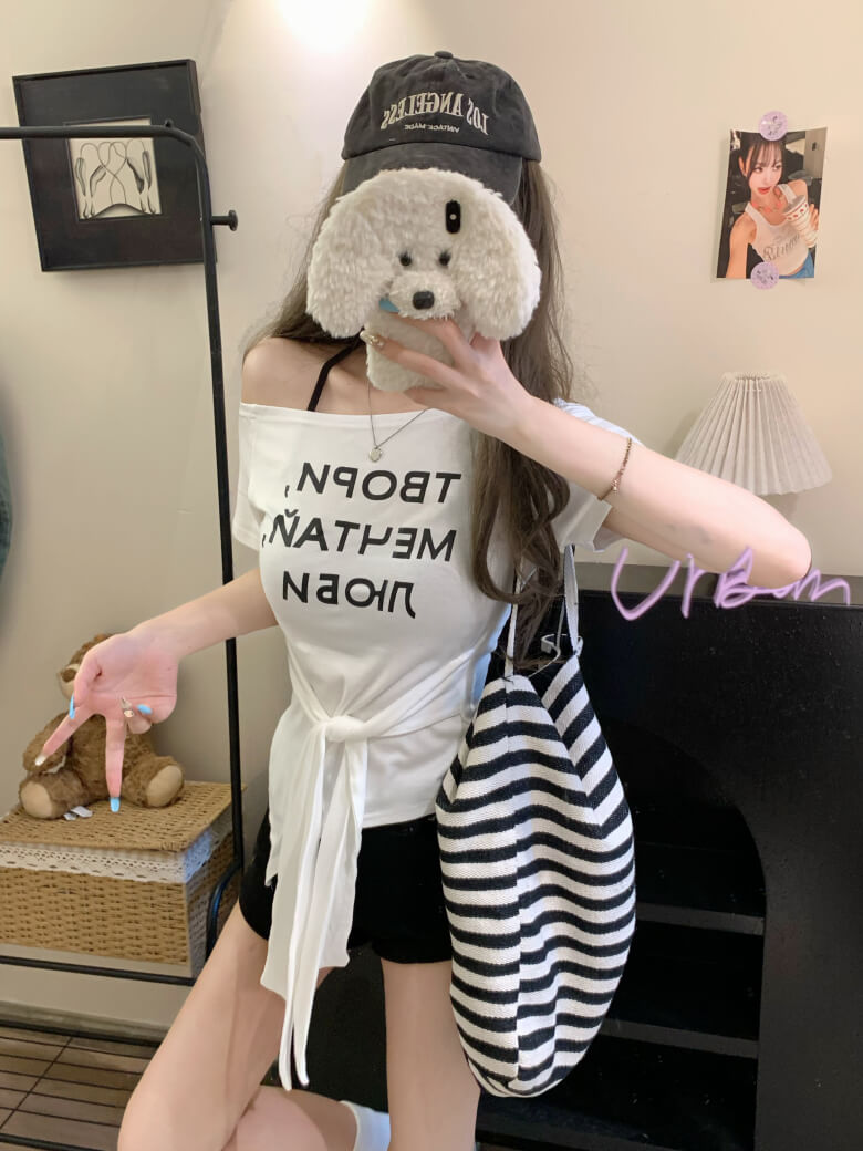 Off-Shoulder Tee, Letter Print Shirt, Tie Waist Summer T-Shirt