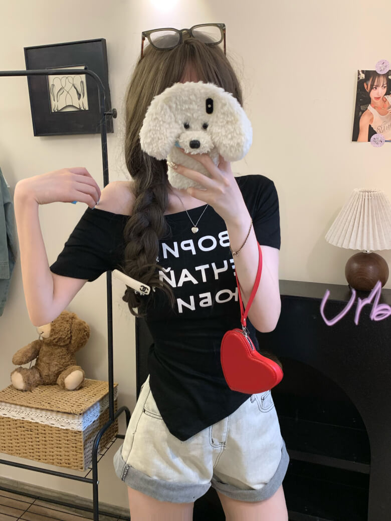 Off-Shoulder Tee, Letter Print Shirt, Tie Waist Summer T-Shirt