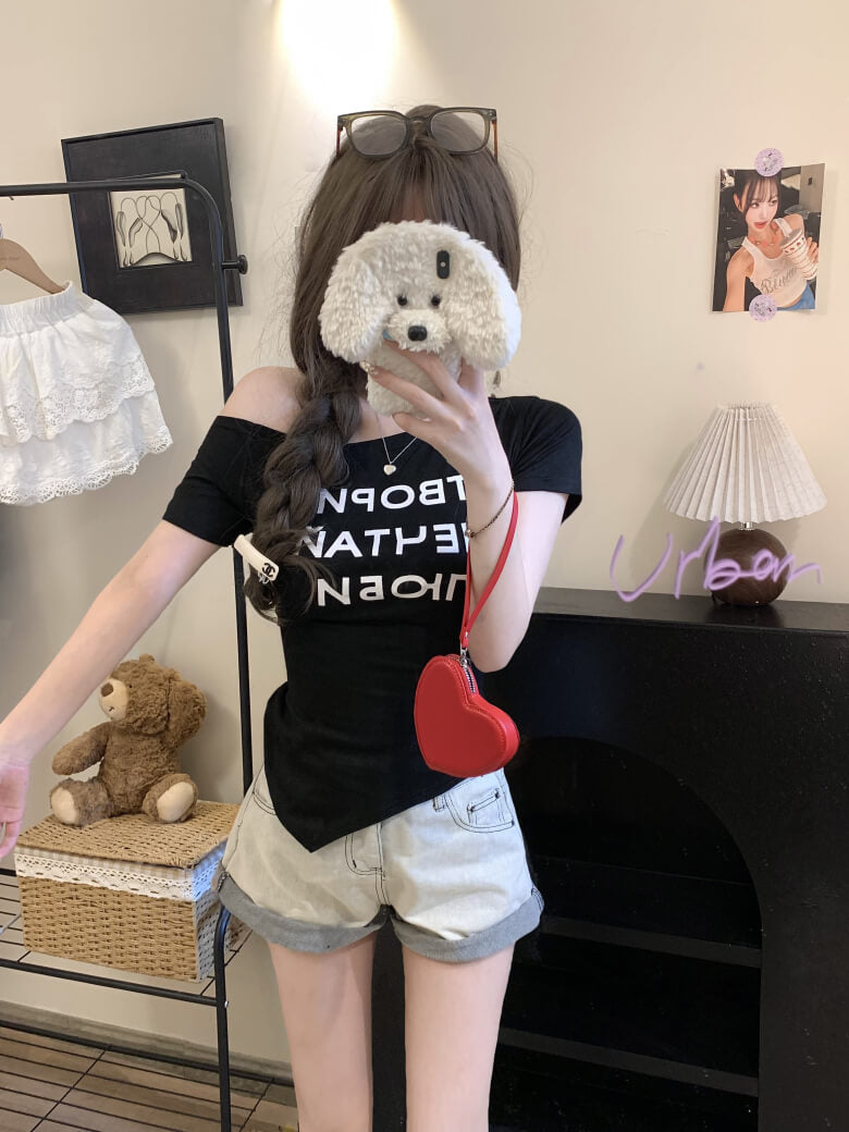 Off-Shoulder Tee, Letter Print Shirt, Tie Waist Summer T-Shirt