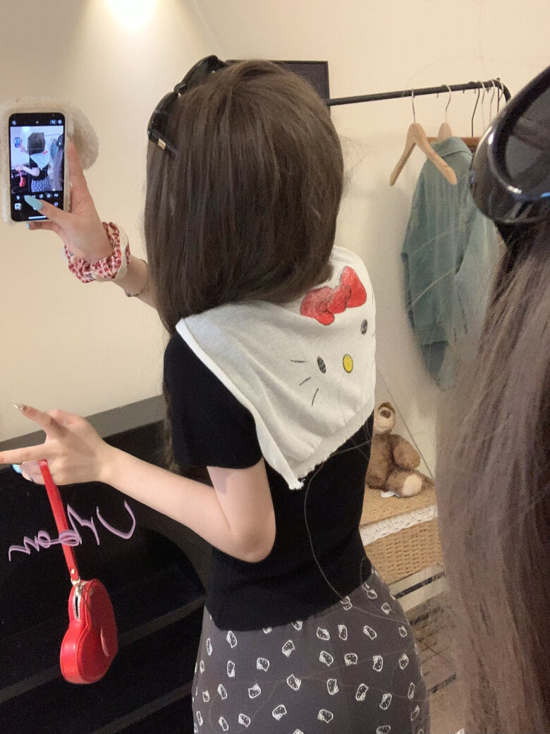cute kitty print summer tee with knit shawl set for girls