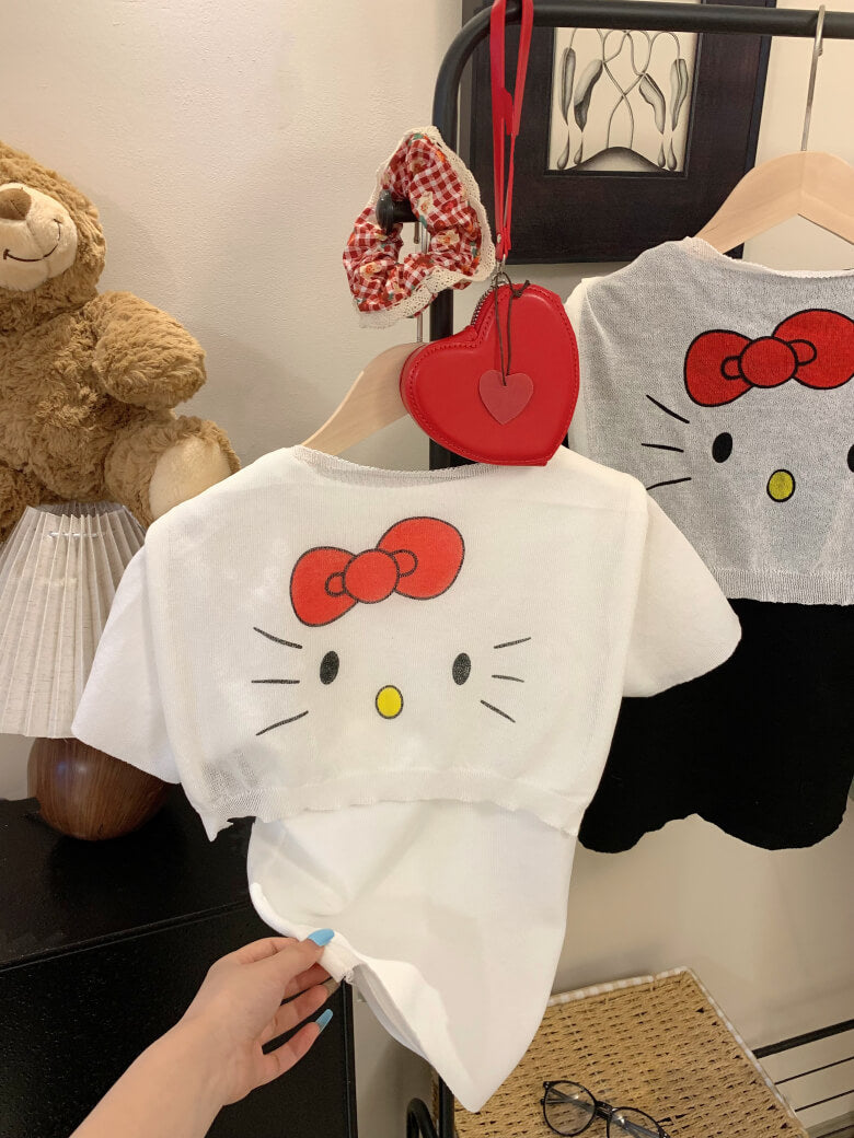 cute kitty print summer tee with knit shawl set for girls