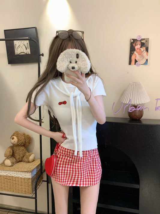 cute kitty print summer tee with knit shawl set for girls