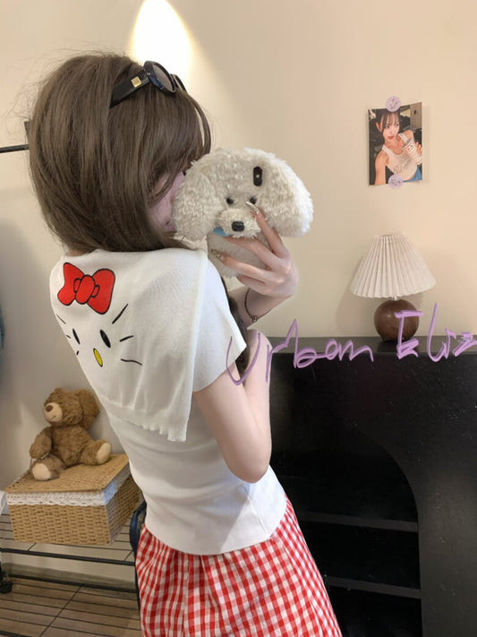 cute kitty print summer tee with knit shawl set for girls