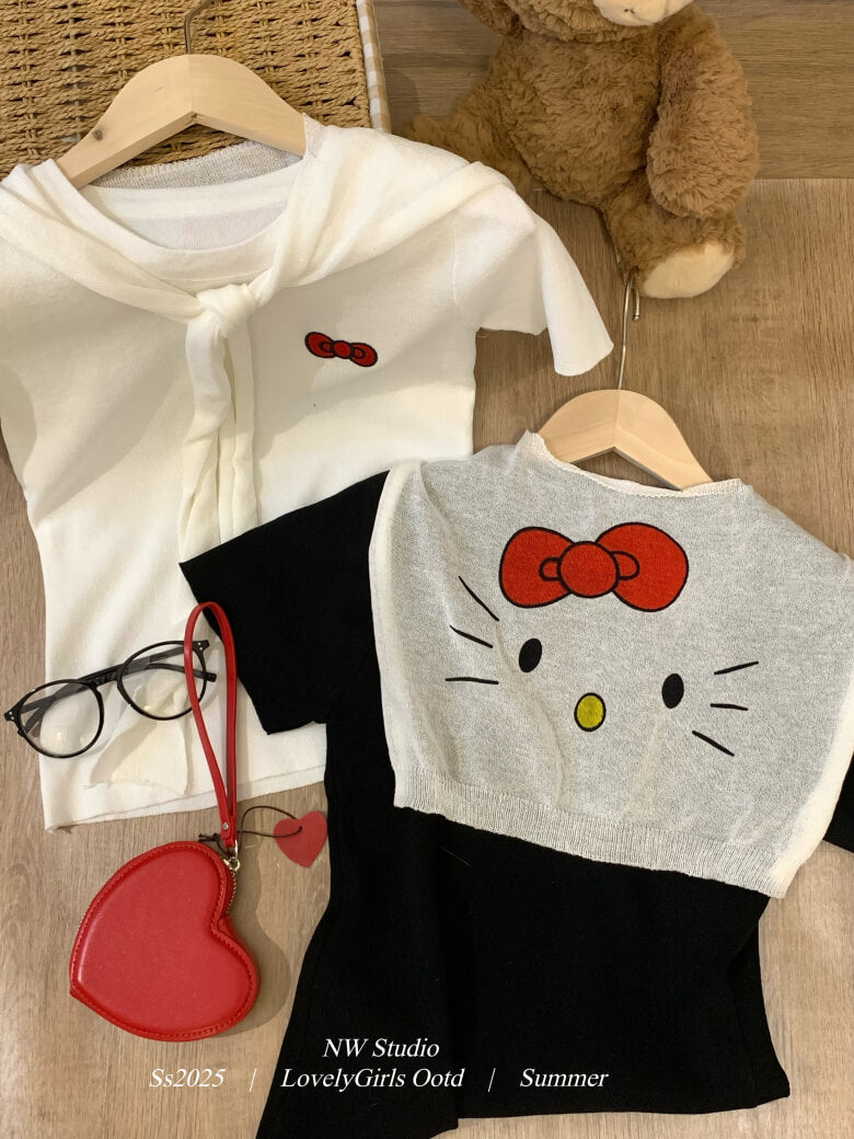 cute kitty print summer tee with knit shawl set for girls