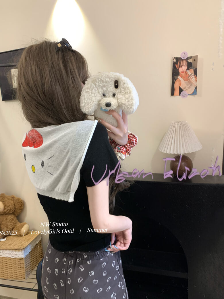 cute kitty print summer tee with knit shawl set for girls