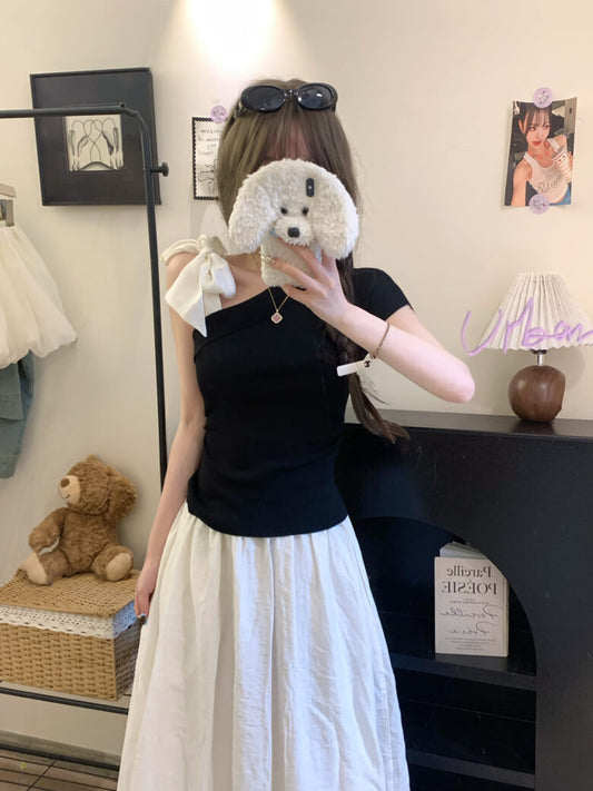 asymmetrical bow off-shoulder tee summer cute girl outfit