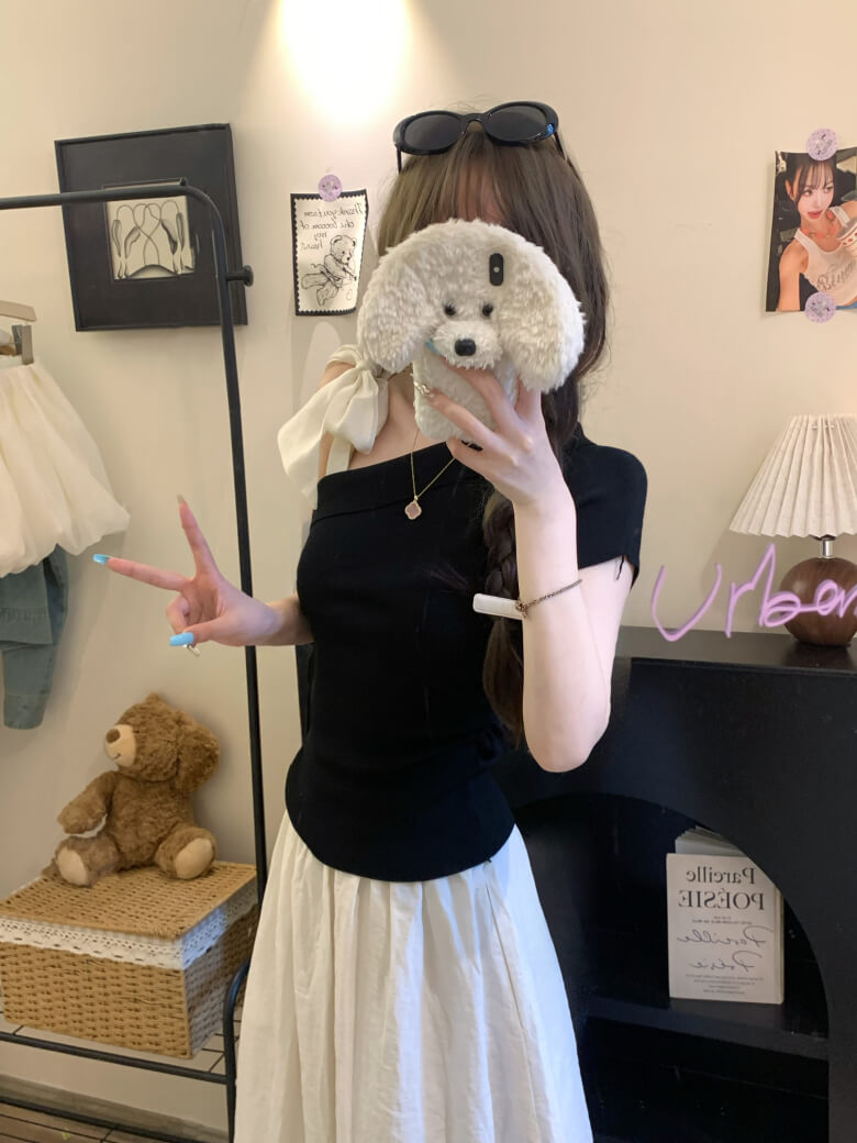 asymmetrical bow off-shoulder tee summer cute girl outfit