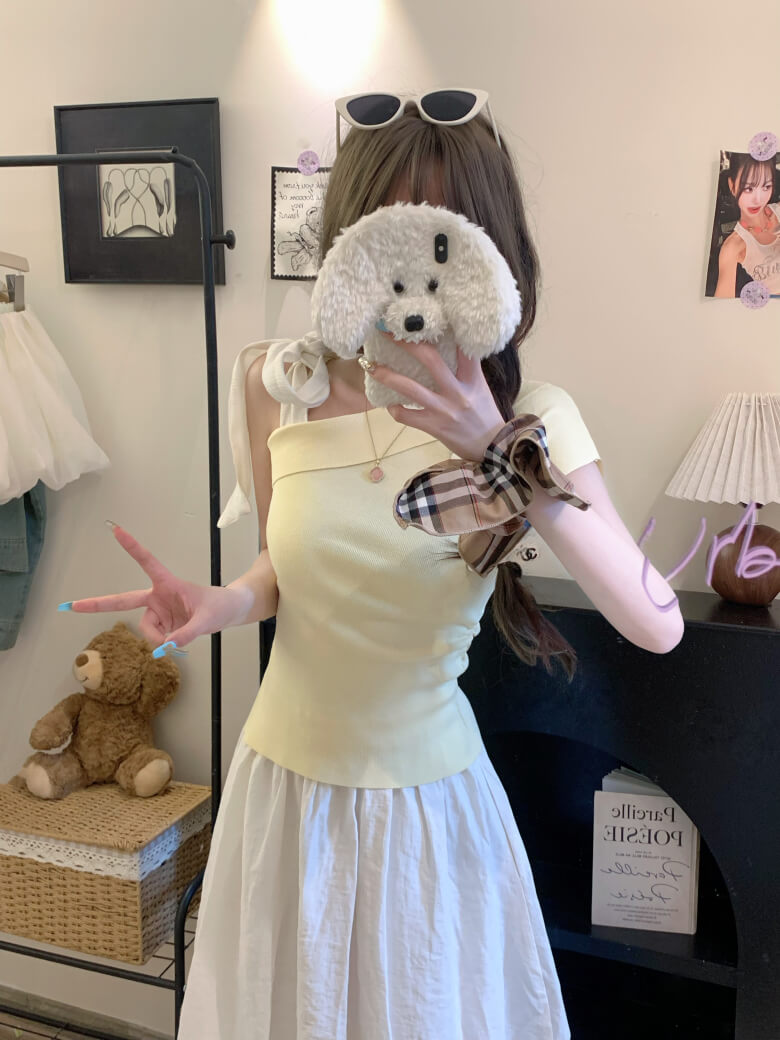 asymmetrical bow off-shoulder tee summer cute girl outfit