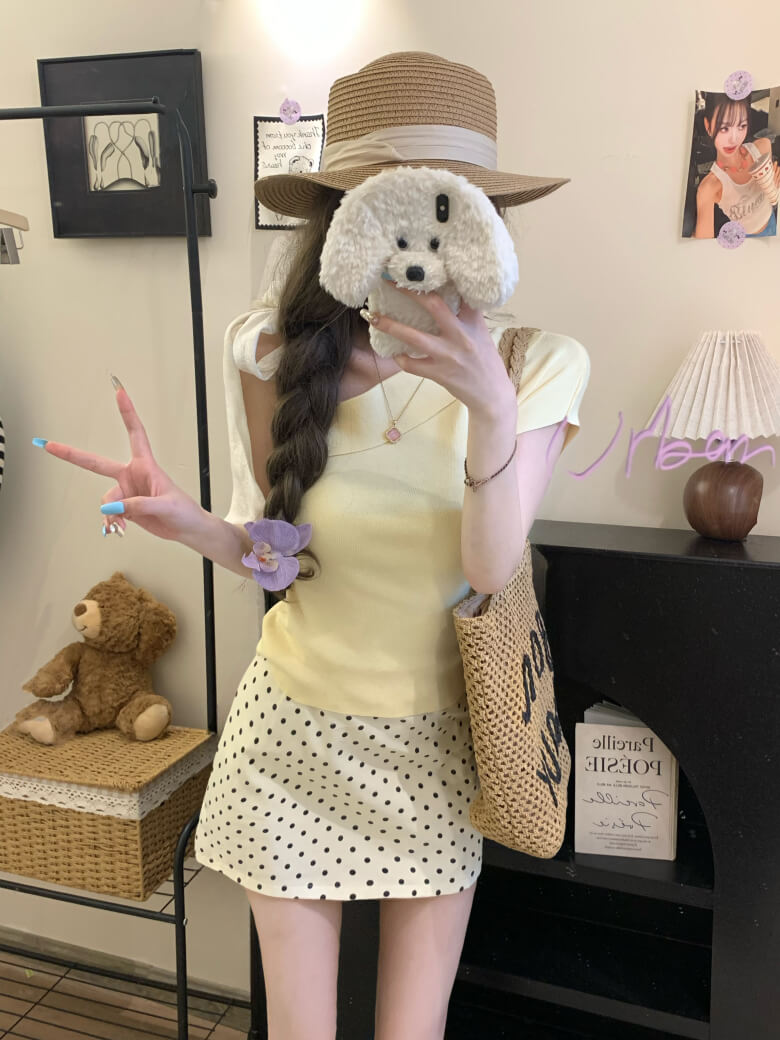 asymmetrical bow off-shoulder tee summer cute girl outfit