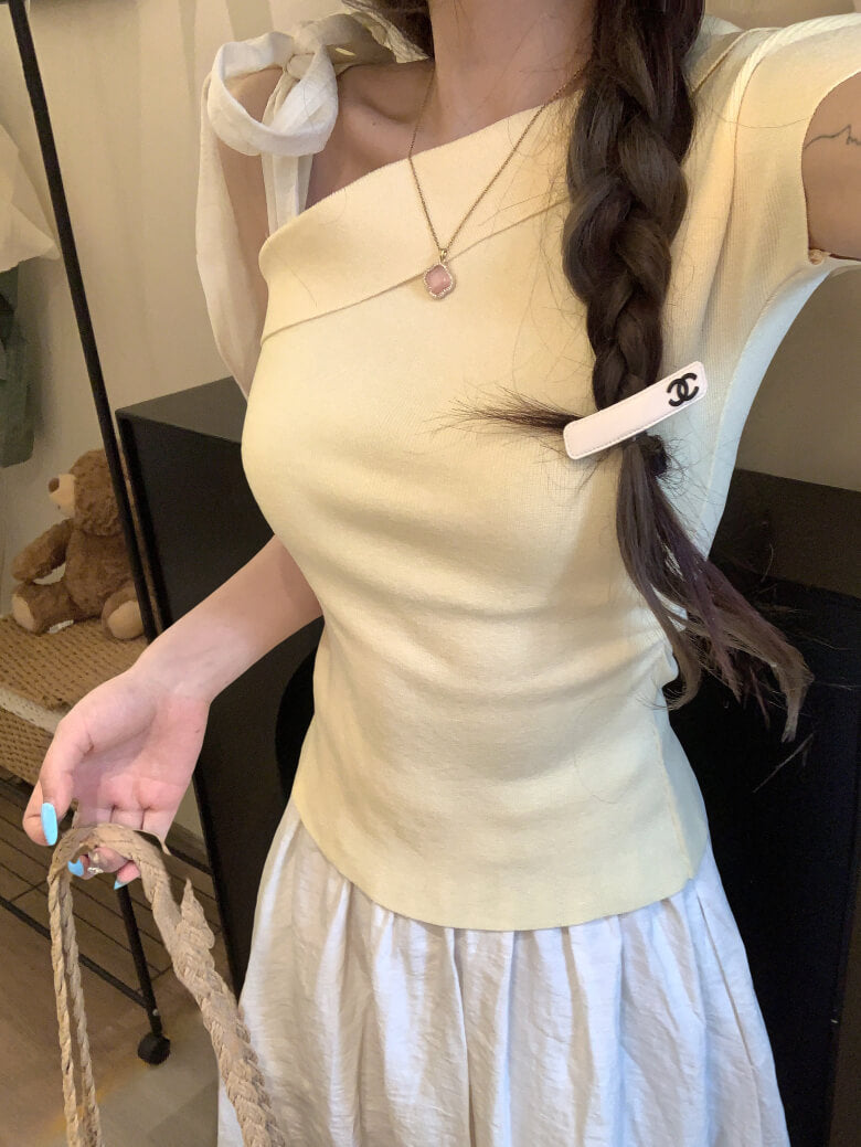 asymmetrical bow off-shoulder tee summer cute girl outfit