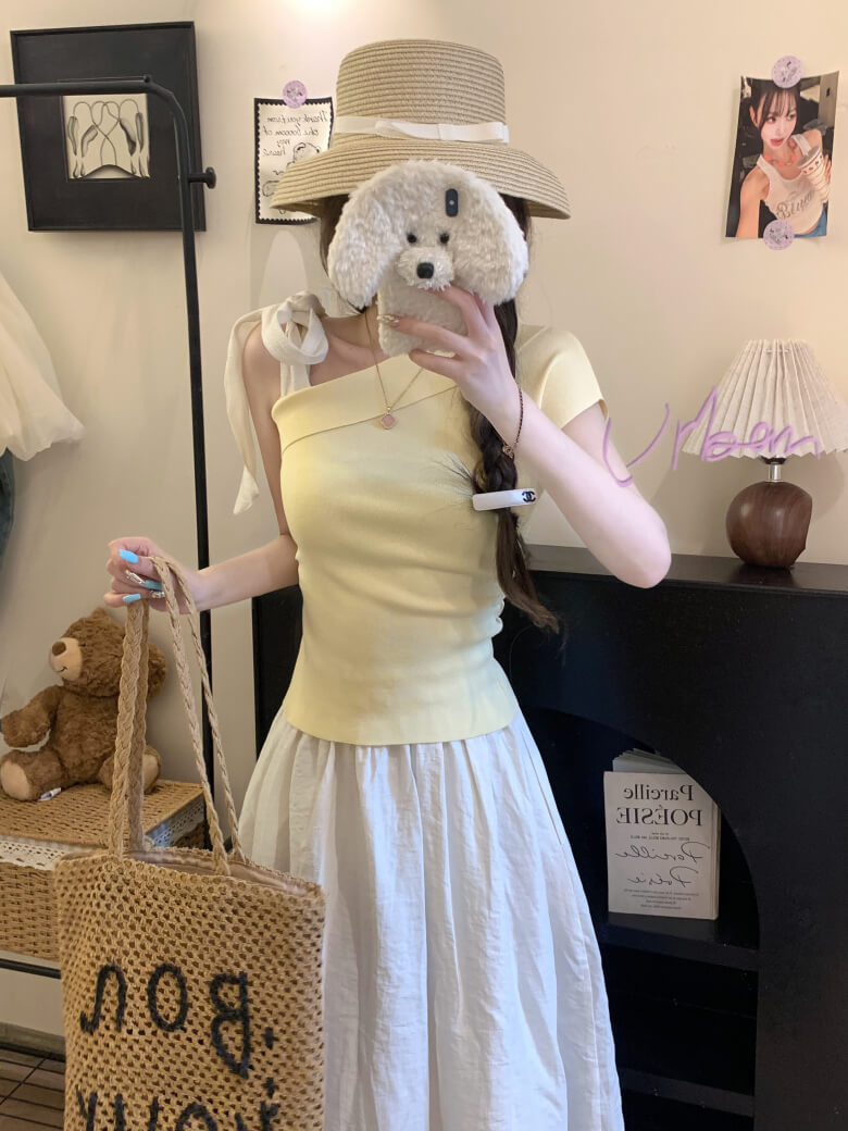 asymmetrical bow off-shoulder tee summer cute girl outfit